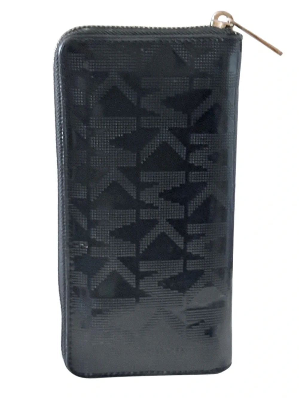 Michael Kors Black Patent Embossed Logo Zip Around Accordion Wallet Gold Tone